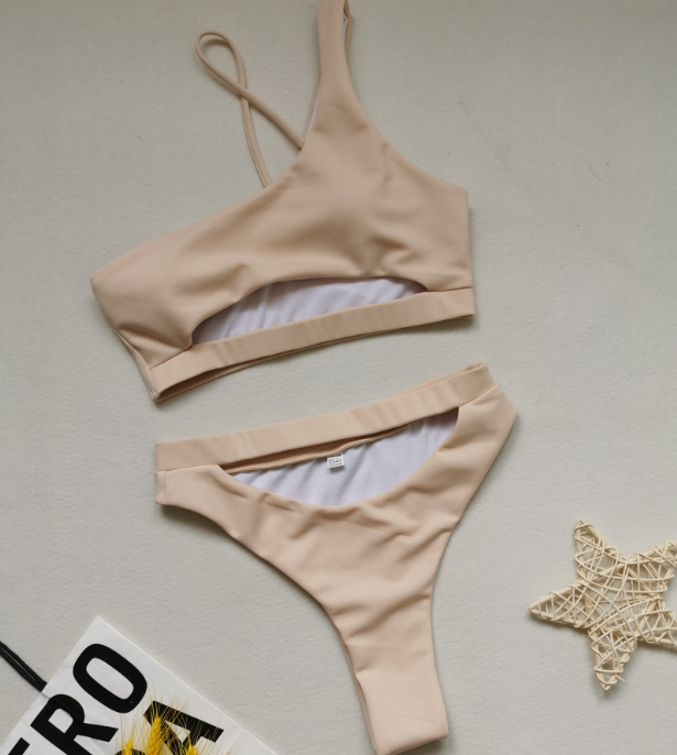 Swimsuit Solid Color Hollow Out Cutout One Shoulder Bikini Women Split High Waist Swimsuit Bella Mia